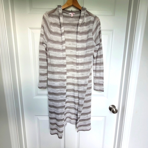 Bongo Juniors Long Hooded Cardigan Sweater Gray White Striped Size Large - Picture 1 of 13